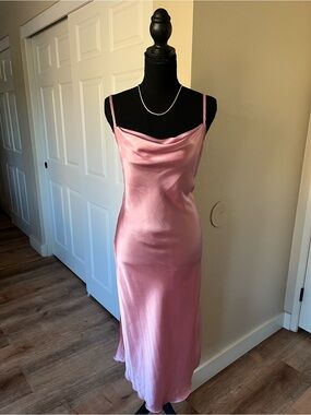 Bebe Pink Satin Cowl Neck Slip Midi Dress Small